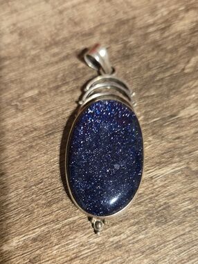 Vintage 925 Sterling Silver Large Blue Goldstone Oval Statement Pendant